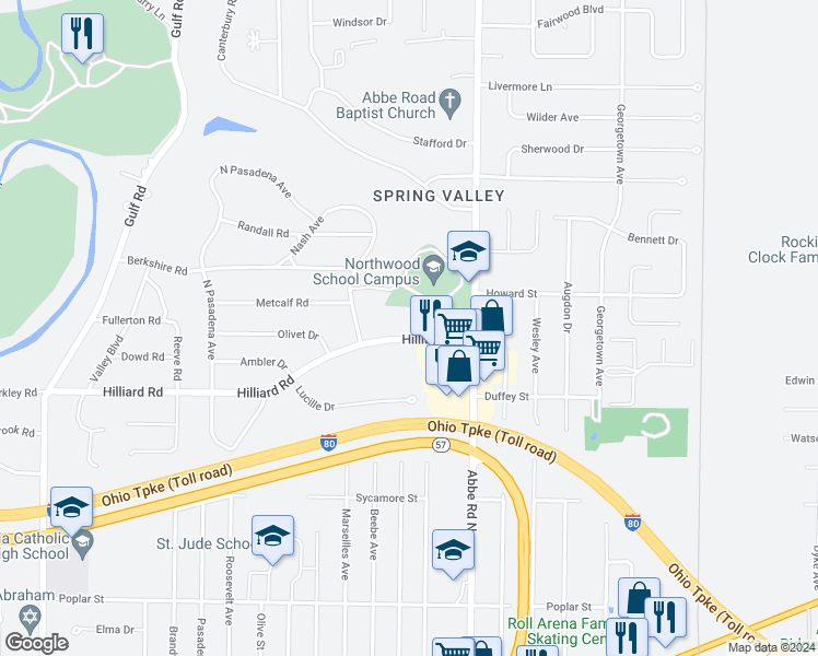 map of restaurants, bars, coffee shops, grocery stores, and more near 628 Hilliard Road in Elyria