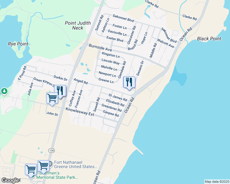map of restaurants, bars, coffee shops, grocery stores, and more near 26 Angell Road in Narragansett