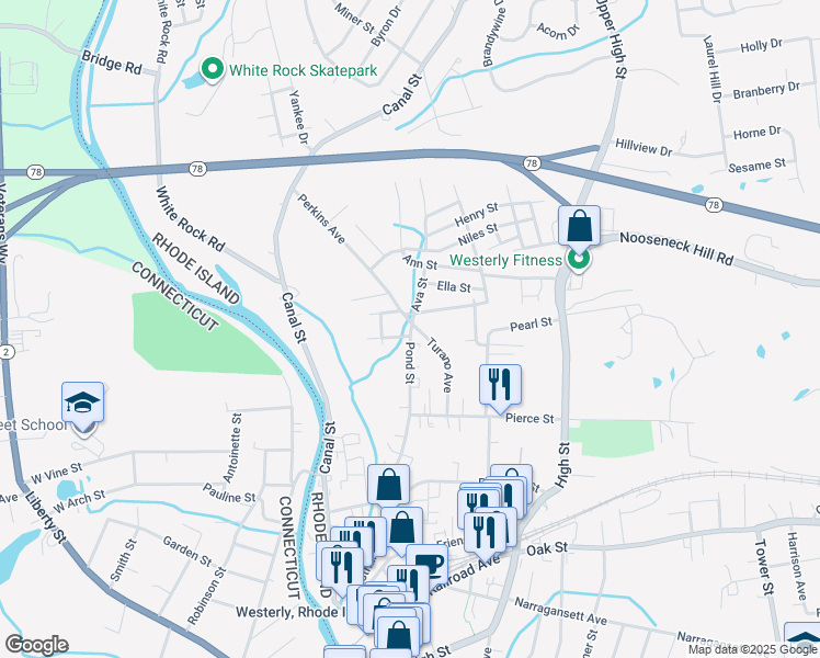 map of restaurants, bars, coffee shops, grocery stores, and more near 29 Pond Street in Westerly