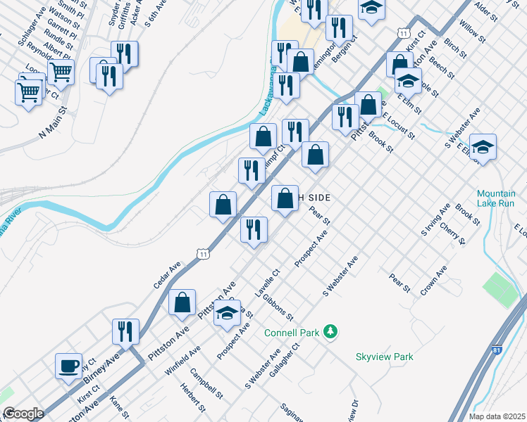 map of restaurants, bars, coffee shops, grocery stores, and more near 1815 Cedar Avenue in Scranton