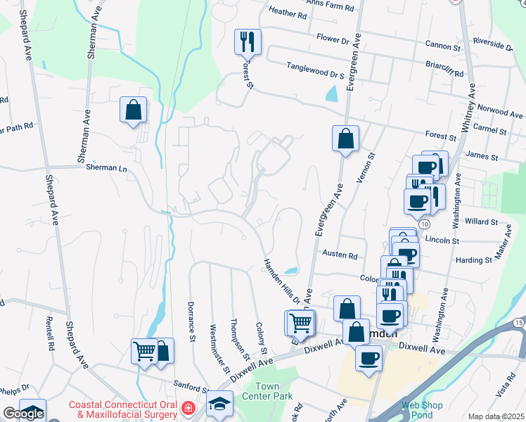 map of restaurants, bars, coffee shops, grocery stores, and more near 35 Hamden Hills Drive in Hamden