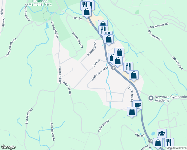 map of restaurants, bars, coffee shops, grocery stores, and more near 14 Appleblossom Lane in Newtown