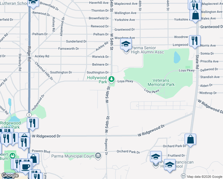 map of restaurants, bars, coffee shops, grocery stores, and more near 6381 West 54th Street in Cleveland
