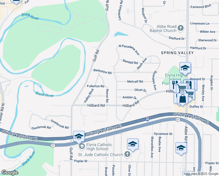 map of restaurants, bars, coffee shops, grocery stores, and more near 999 Reeve Road in Elyria