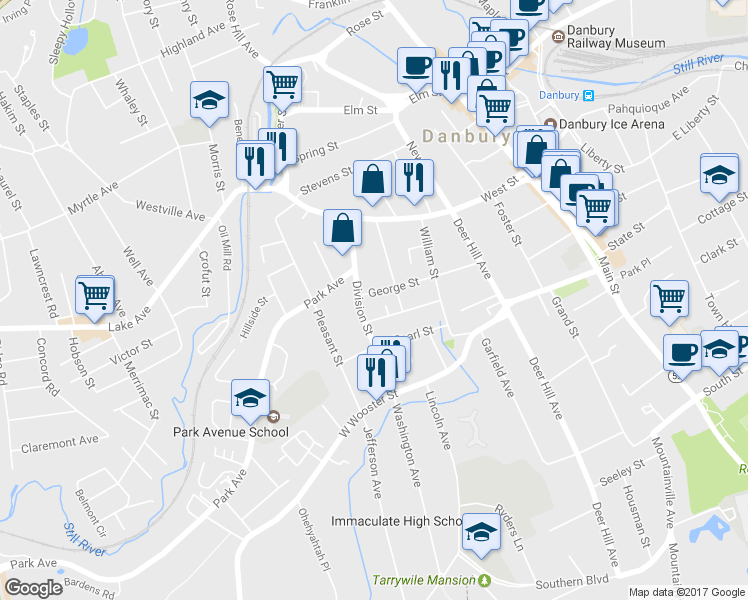 map of restaurants, bars, coffee shops, grocery stores, and more near 38 George St in Danbury