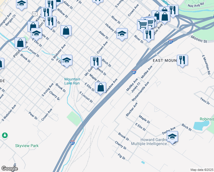 map of restaurants, bars, coffee shops, grocery stores, and more near 930 Meadow Avenue in Scranton