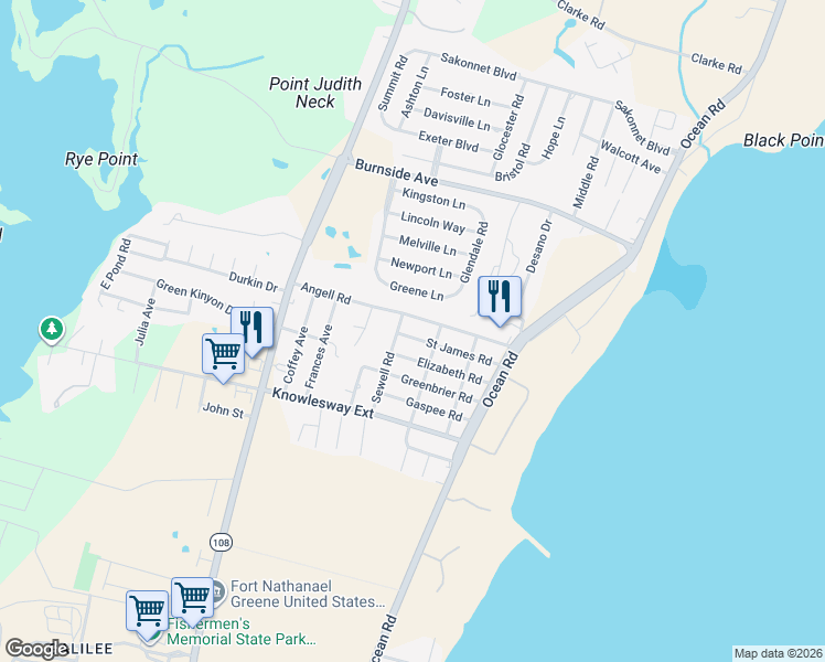 map of restaurants, bars, coffee shops, grocery stores, and more near 43 Saint James Road in Narragansett