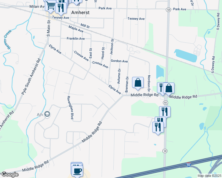 map of restaurants, bars, coffee shops, grocery stores, and more near 810 Elyria Avenue in Amherst