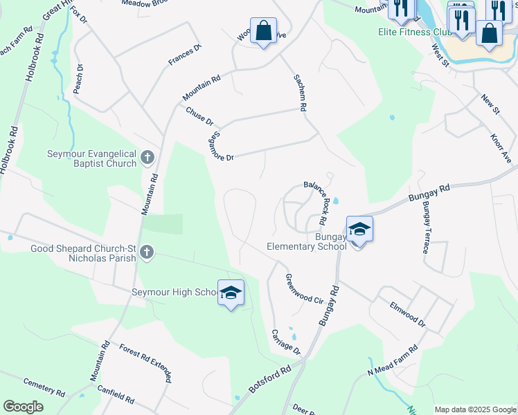 map of restaurants, bars, coffee shops, grocery stores, and more near 42 Greenwood Circle in Seymour
