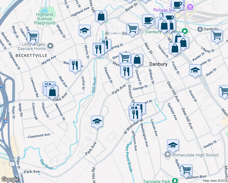 map of restaurants, bars, coffee shops, grocery stores, and more near 36 Pleasant Street in Danbury