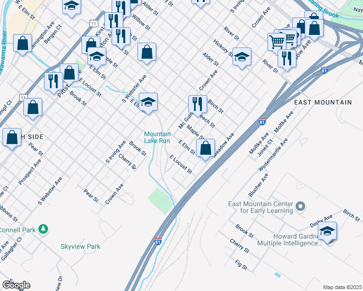 map of restaurants, bars, coffee shops, grocery stores, and more near 956 East Elm Street in Scranton