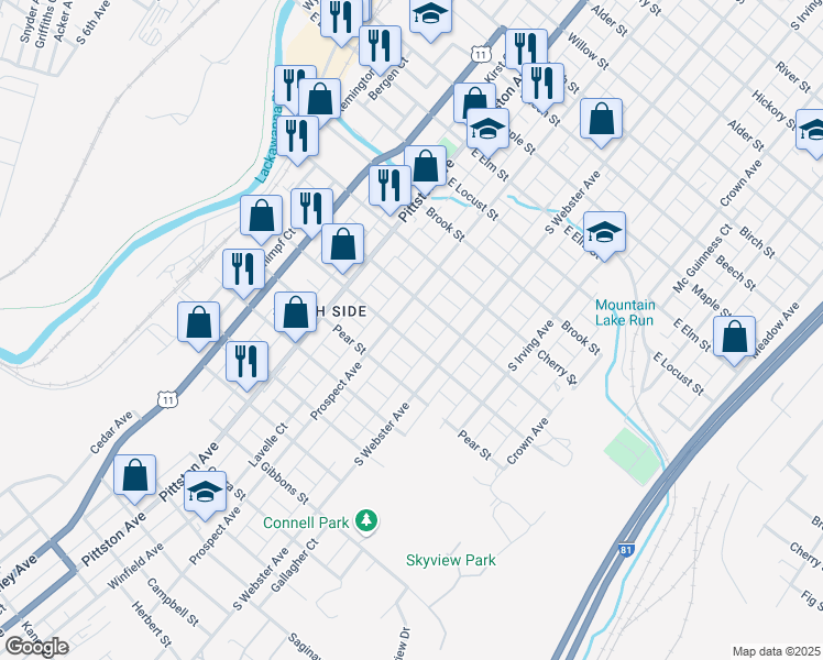 map of restaurants, bars, coffee shops, grocery stores, and more near 615 Palm Street in Scranton