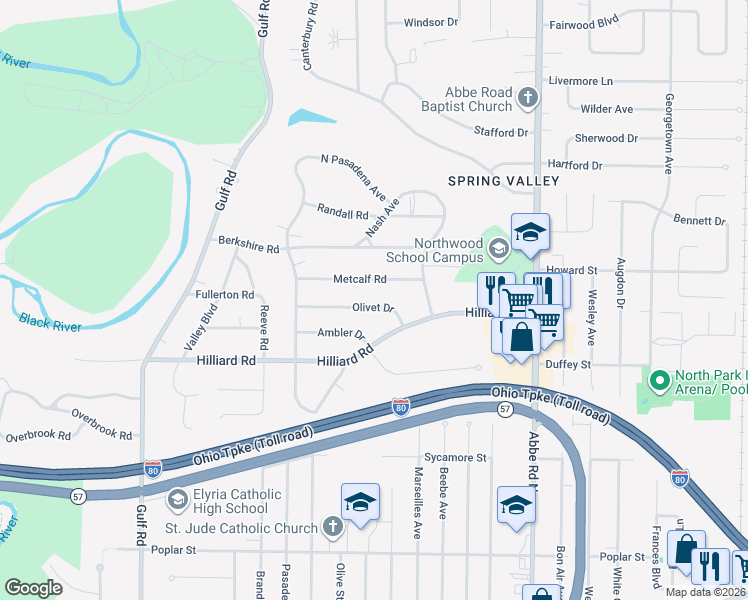map of restaurants, bars, coffee shops, grocery stores, and more near 470 Olivet Dr in Elyria