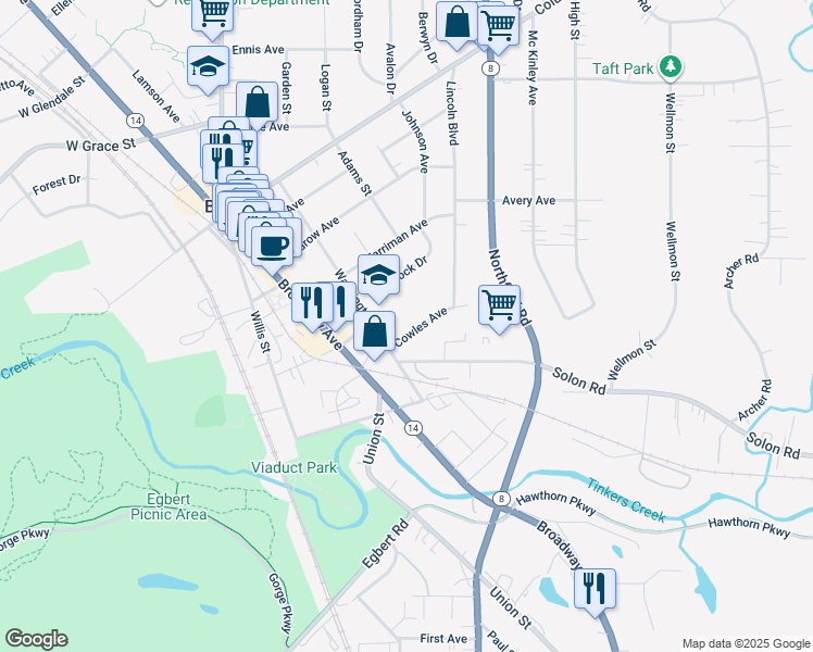 map of restaurants, bars, coffee shops, grocery stores, and more near 93 Cowles Avenue in Bedford