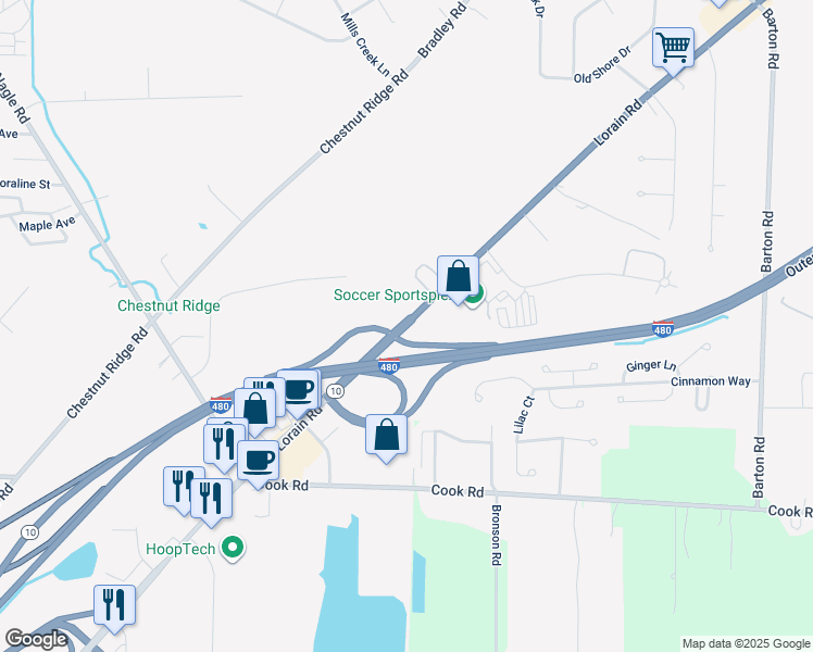 map of restaurants, bars, coffee shops, grocery stores, and more near 32121 Lorain Road in North Ridgeville