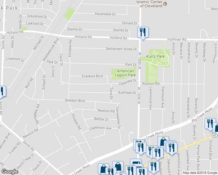 map of restaurants, bars, coffee shops, grocery stores, and more near 6380 Terre Drive in Brook Park
