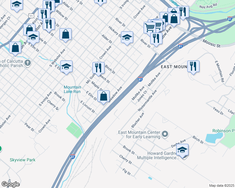 map of restaurants, bars, coffee shops, grocery stores, and more near 909 Meadow Avenue in Scranton