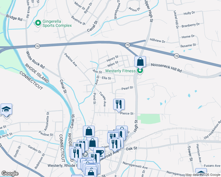 map of restaurants, bars, coffee shops, grocery stores, and more near 21 Brenden Street in Westerly