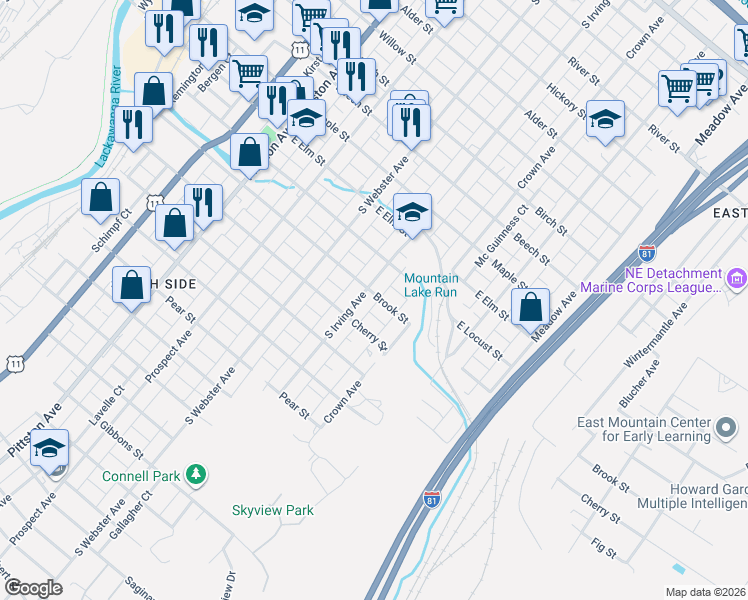 map of restaurants, bars, coffee shops, grocery stores, and more near 810 Brook Street in Scranton