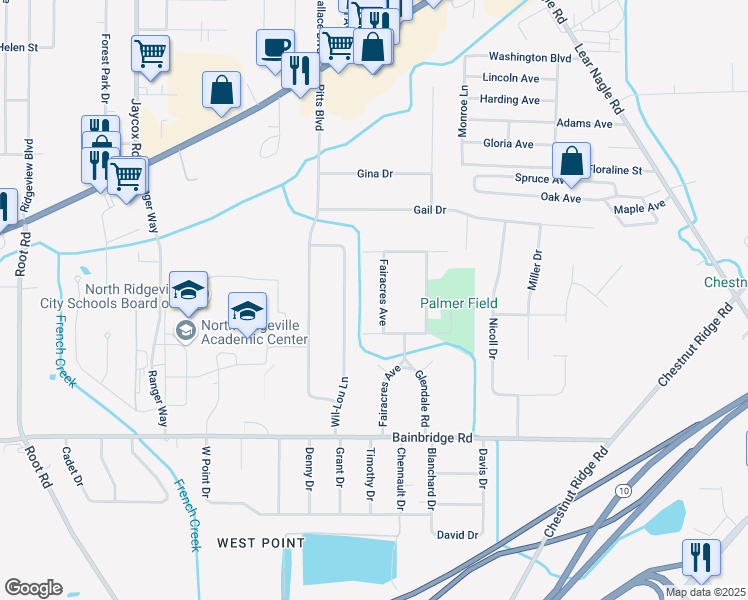 map of restaurants, bars, coffee shops, grocery stores, and more near 6904 Fairacres Avenue in North Ridgeville