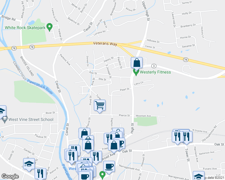map of restaurants, bars, coffee shops, grocery stores, and more near 34 Pearl Street in Westerly