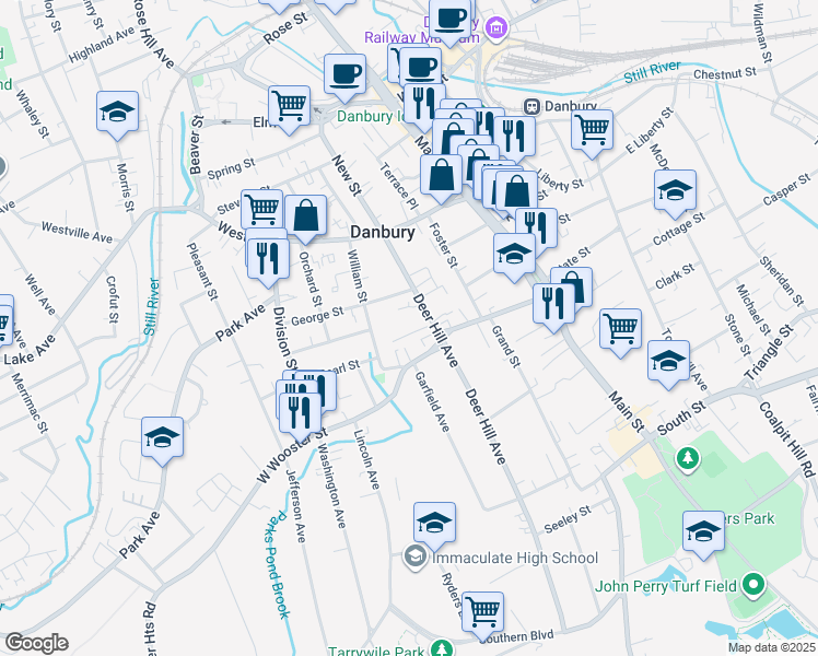 map of restaurants, bars, coffee shops, grocery stores, and more near 136 Deer Hill Avenue in Danbury