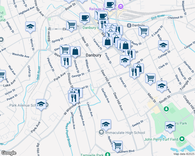 map of restaurants, bars, coffee shops, grocery stores, and more near 136 Deer Hill Avenue in Danbury