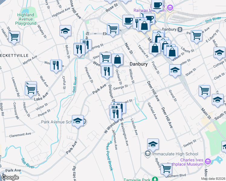 map of restaurants, bars, coffee shops, grocery stores, and more near 38 George Street in Danbury