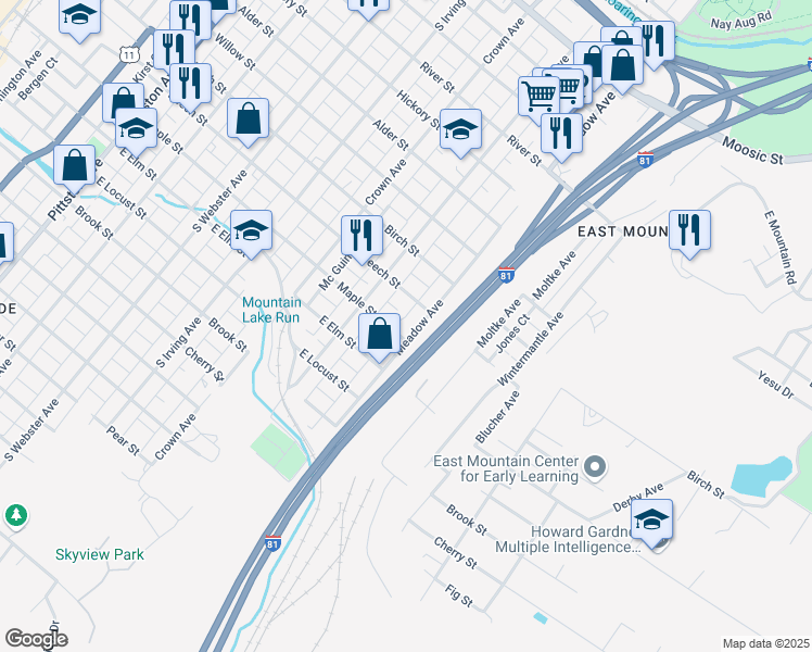 map of restaurants, bars, coffee shops, grocery stores, and more near 930 Meadow Avenue in Scranton
