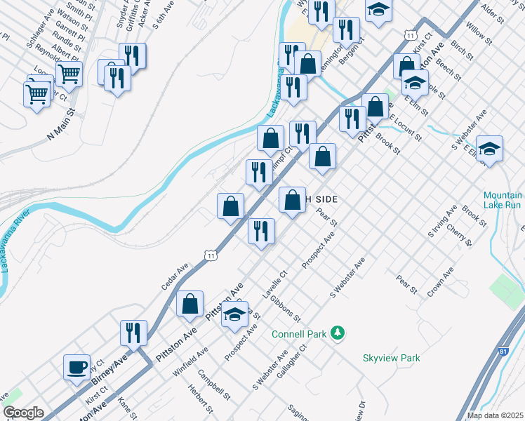 map of restaurants, bars, coffee shops, grocery stores, and more near 1815 Cedar Avenue in Scranton