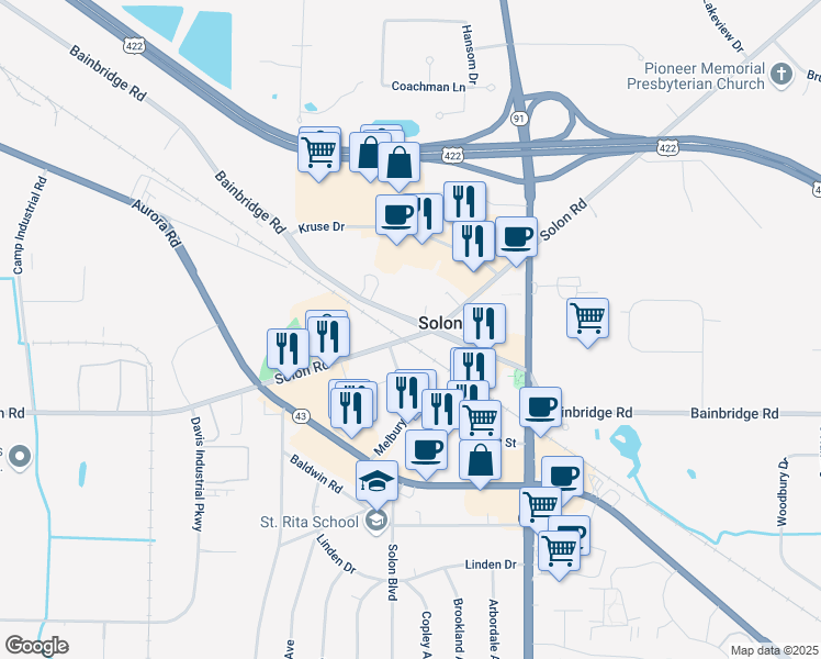 map of restaurants, bars, coffee shops, grocery stores, and more near 33290 Bainbridge Road in Solon