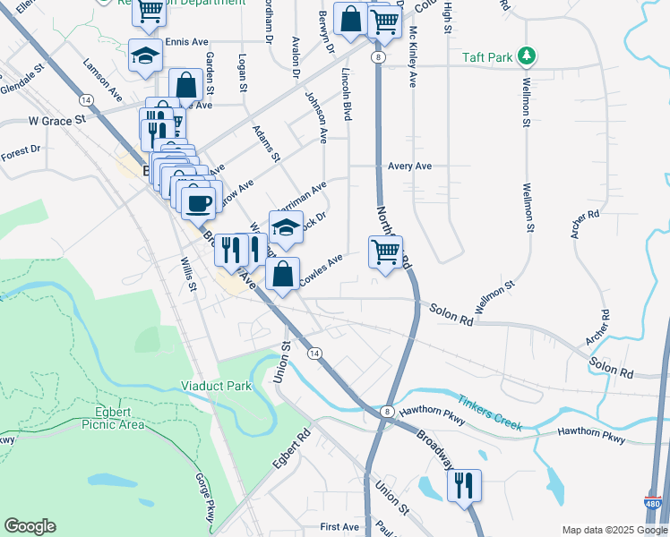 map of restaurants, bars, coffee shops, grocery stores, and more near 109 Solon Road in Bedford