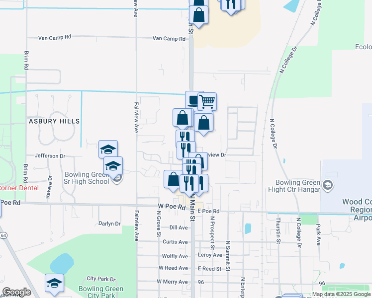 map of restaurants, bars, coffee shops, grocery stores, and more near 1047 North Main Street in Bowling Green