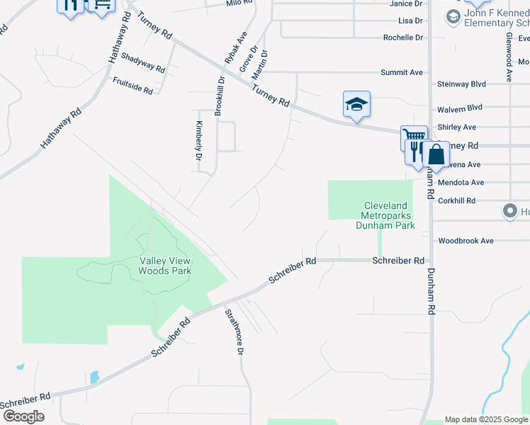 map of restaurants, bars, coffee shops, grocery stores, and more near 165 Creekside Drive in Maple Heights