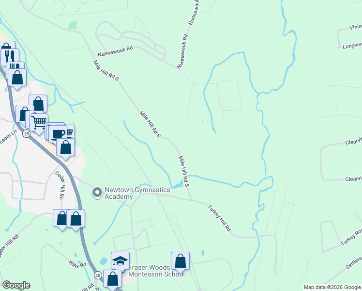 map of restaurants, bars, coffee shops, grocery stores, and more near 61 Mile Hill Road South in Newtown
