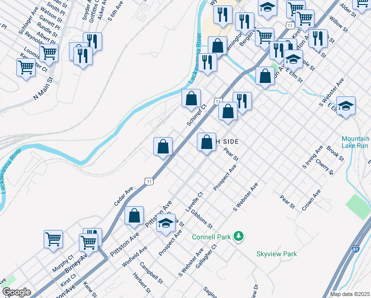 map of restaurants, bars, coffee shops, grocery stores, and more near 1815 Cedar Avenue in Scranton