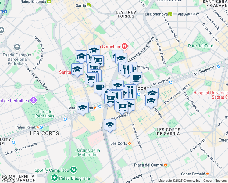map of restaurants, bars, coffee shops, grocery stores, and more near 662 Avinguda Diagonal in Barcelona