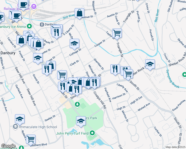 map of restaurants, bars, coffee shops, grocery stores, and more near 10 Michael Street in Danbury