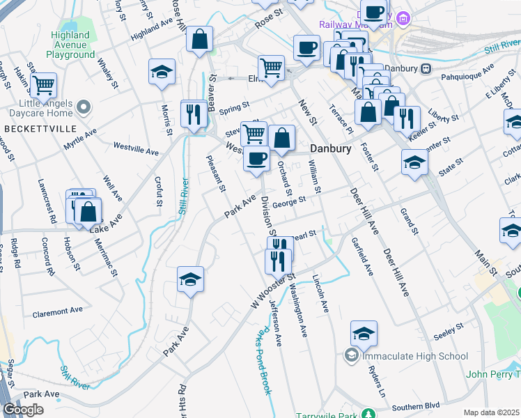 map of restaurants, bars, coffee shops, grocery stores, and more near 10 Park Avenue in Danbury