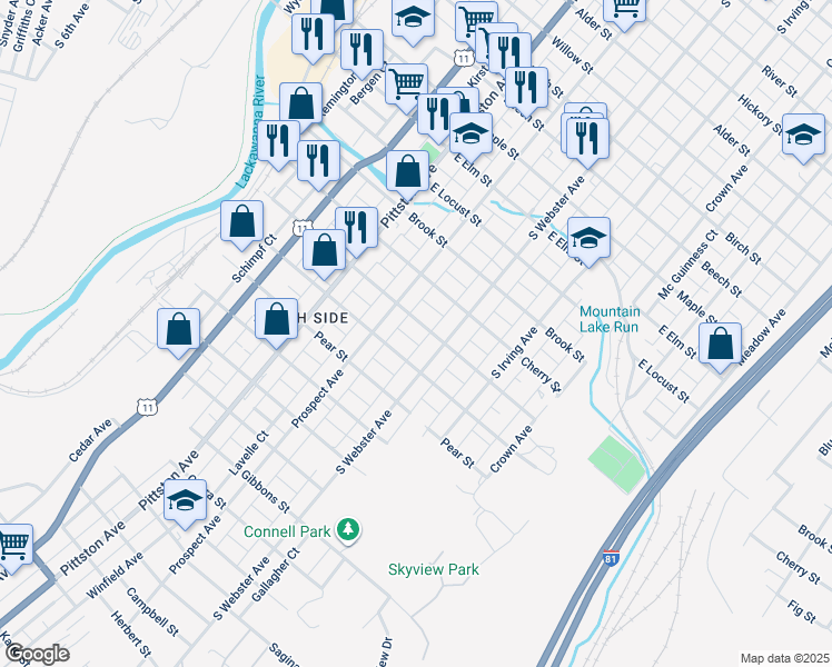 map of restaurants, bars, coffee shops, grocery stores, and more near 626 Fig Street in Scranton