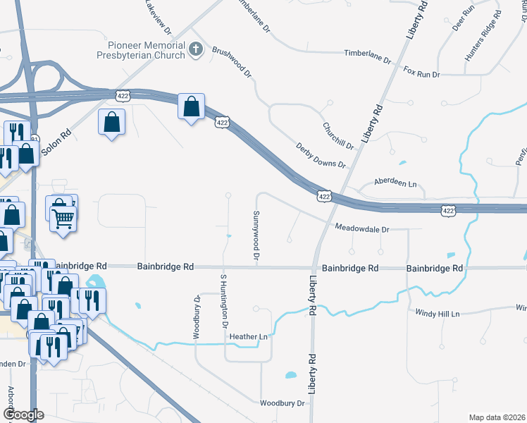map of restaurants, bars, coffee shops, grocery stores, and more near 35872 Meadowdale Drive in Solon