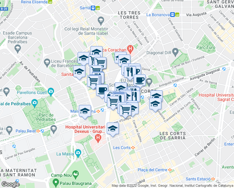 map of restaurants, bars, coffee shops, grocery stores, and more near 662 Avinguda Diagonal in Barcelona