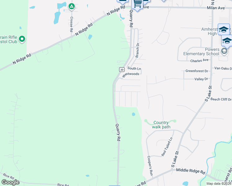map of restaurants, bars, coffee shops, grocery stores, and more near 7500 County Highway 30 in Amherst
