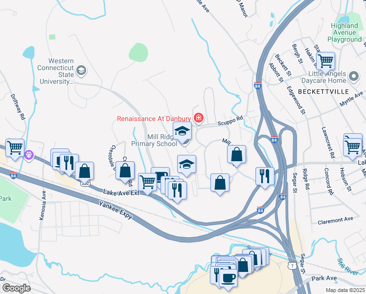 map of restaurants, bars, coffee shops, grocery stores, and more near 49 High Ridge Road in Danbury