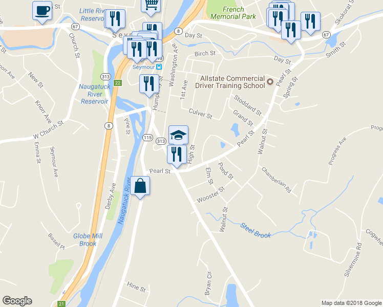 map of restaurants, bars, coffee shops, grocery stores, and more near 24 High St in Seymour