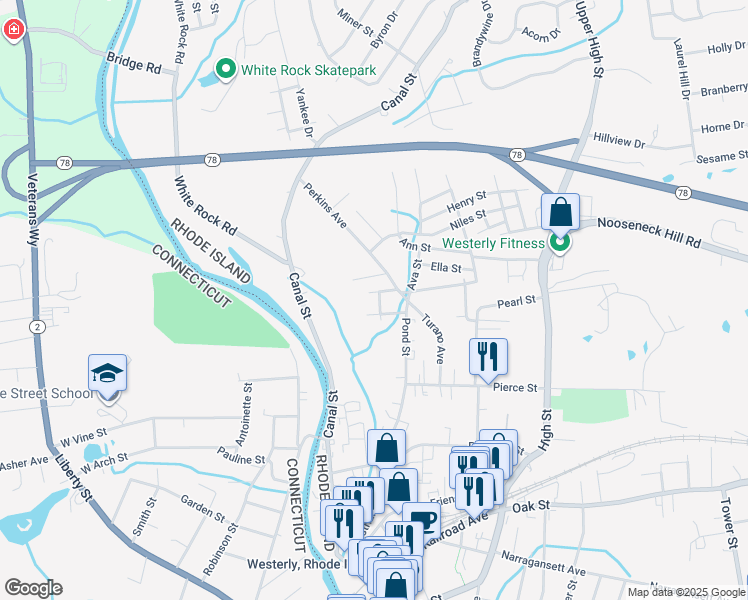 map of restaurants, bars, coffee shops, grocery stores, and more near 5 Annanias Avenue in Westerly