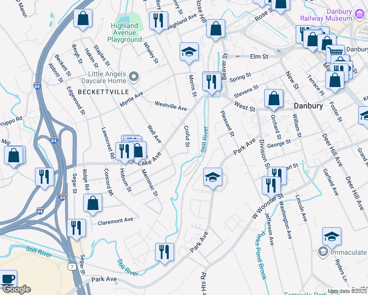 map of restaurants, bars, coffee shops, grocery stores, and more near 16 Crofut Street in Danbury