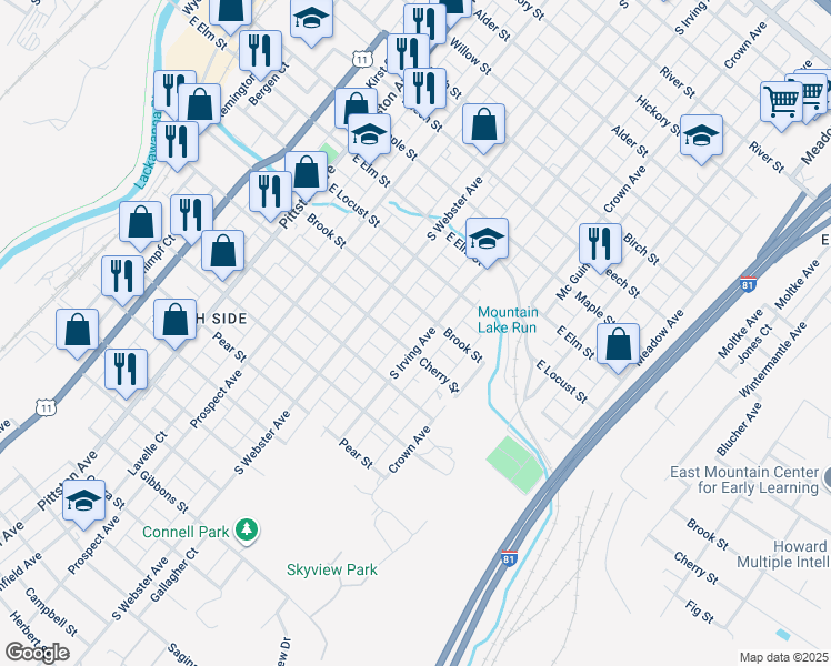 map of restaurants, bars, coffee shops, grocery stores, and more near 1351-1399 Grimes Ct in Scranton