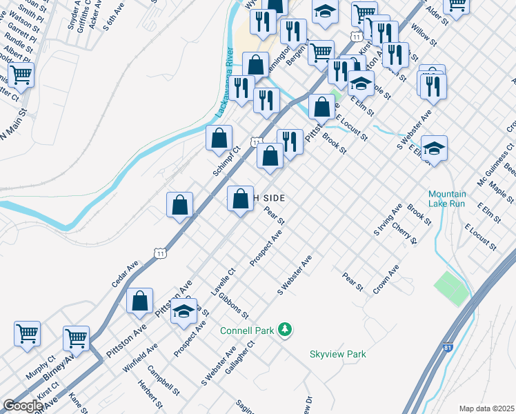 map of restaurants, bars, coffee shops, grocery stores, and more near 512 Pear Street in Scranton
