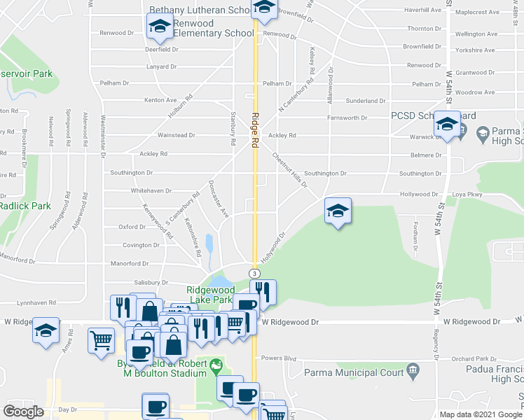 map of restaurants, bars, coffee shops, grocery stores, and more near 6410 Manchester Road in Parma